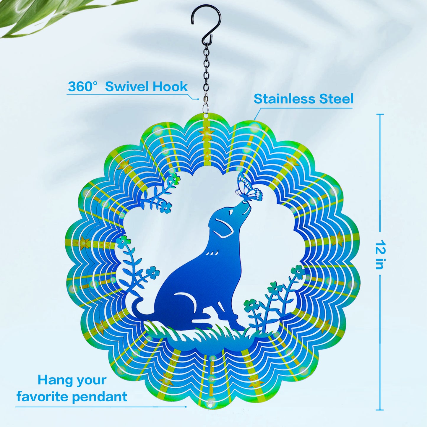 Dog Wind Spinners Dog Gifts for Women/Men 12 inch 3D Stainless Steel Hanging Wind Spinner Metal Wind Catchers Kinetic Sculpture for Indoor/Outdoor Decor, Yard Art, Garden Decorations