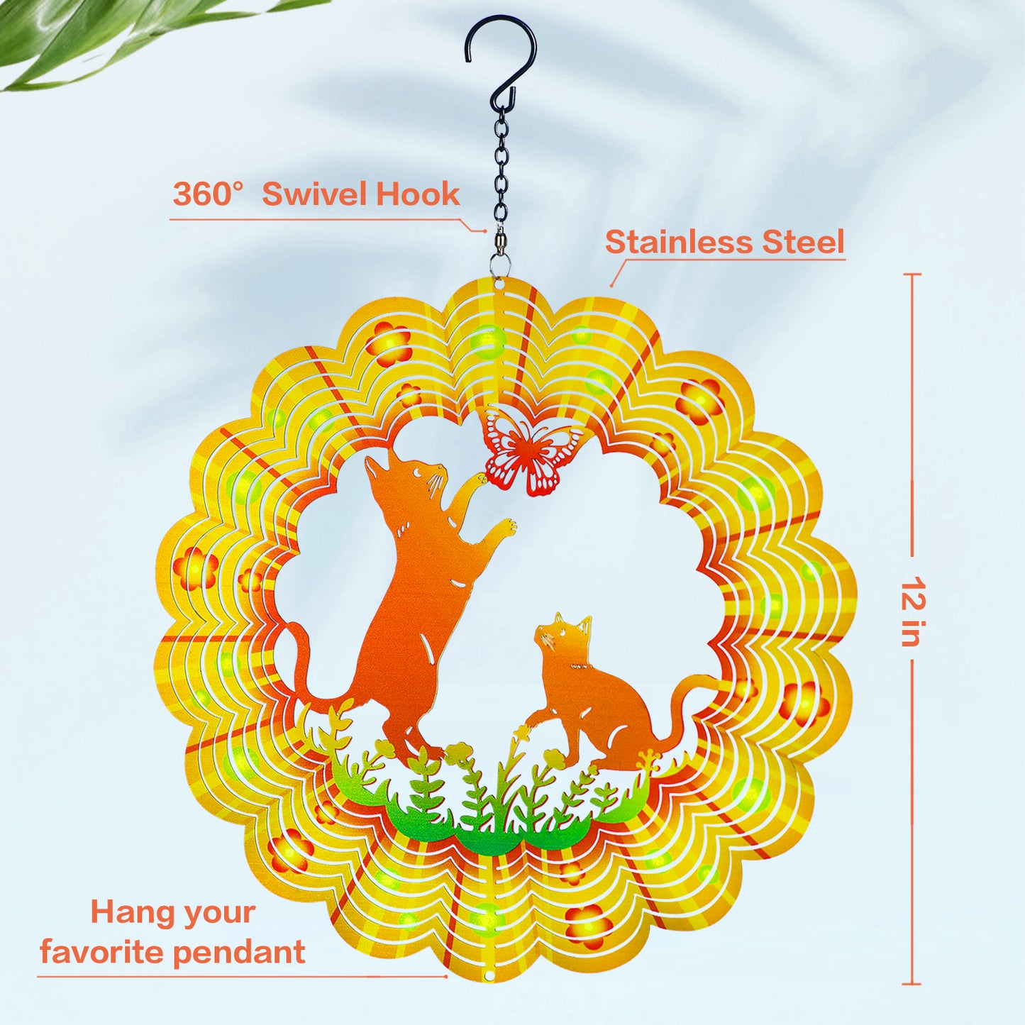 Cat Wind Spinners Cat Gifts for Women/Men 12 inch 3D Stainless Steel Hanging Wind Spinner Metal Wind Catchers Kinetic Sculpture for Indoor/Outdoor Decor, Yard Art, Garden Decorations