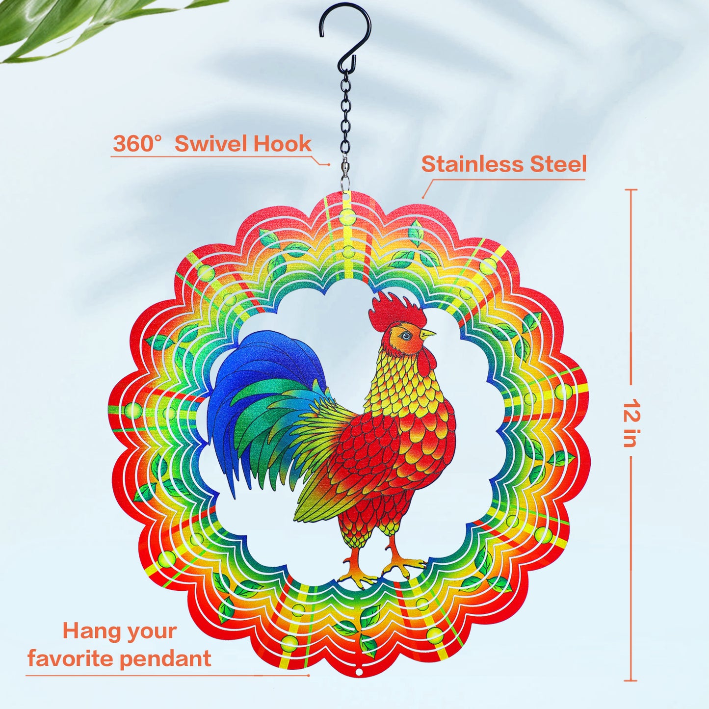 Chicken Wind Spinners Chicken Gifts for Women/Men 12 inch 3D Stainless Steel Hanging Wind Spinner Metal Rooster Wind Catchers Kinetic Sculpture for Indoor/Outdoor Decor, Yard Art, Garden Decorations